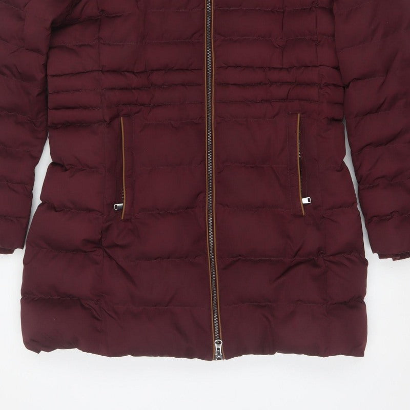 Per Una Women’s Burgundy UK 10 Long Puffer Coat Faux Fur Hood