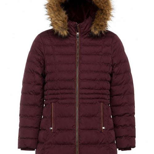 Per Una Women’s Burgundy UK 10 Long Puffer Coat Faux Fur Hood