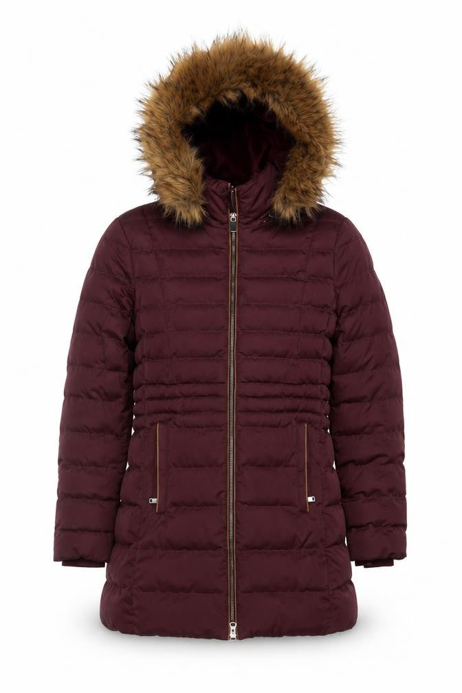 Per Una Women’s Burgundy UK 10 Long Puffer Coat Faux Fur Hood