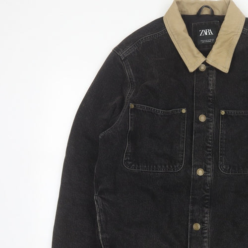 Zara Men Black Denim Jacket M Beige Collar Button Front Workwear