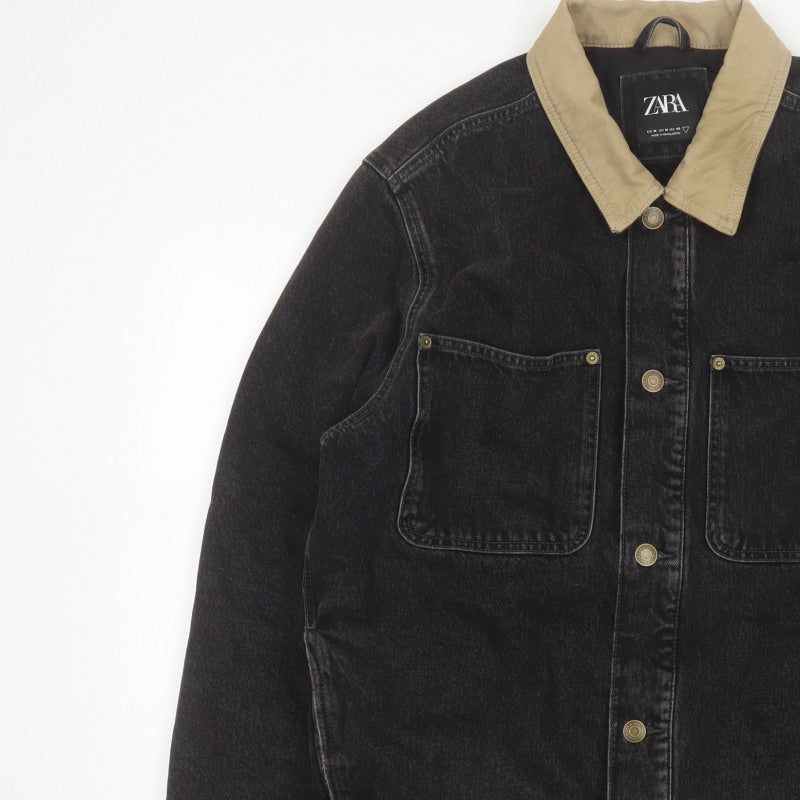 Zara Men Black Denim Jacket M Beige Collar Button Front Workwear