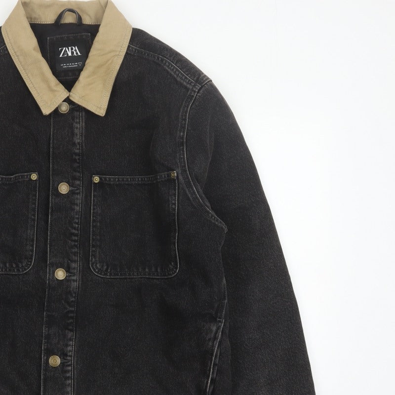 Zara Men Black Denim Jacket M Beige Collar Button Front Workwear