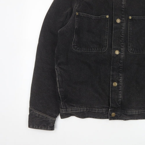 Zara Men Black Denim Jacket M Beige Collar Button Front Workwear