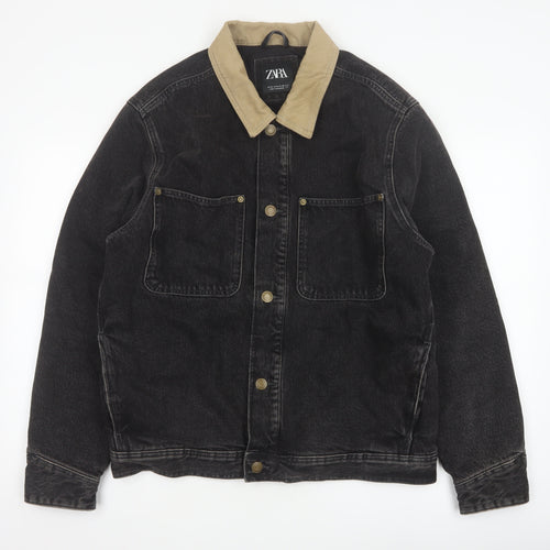 Zara Men Black Denim Jacket M Beige Collar Button Front Workwear