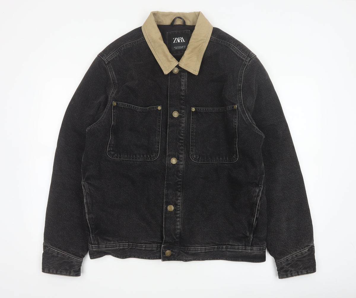 Zara Men Black Denim Jacket M Beige Collar Button Front Workwear