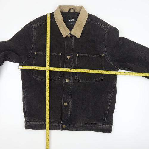 Zara Men Black Denim Jacket M Beige Collar Button Front Workwear