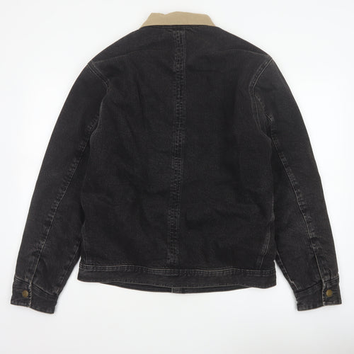 Zara Men Black Denim Jacket M Beige Collar Button Front Workwear