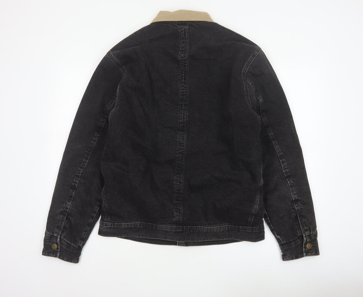 Zara Men Black Denim Jacket M Beige Collar Button Front Workwear
