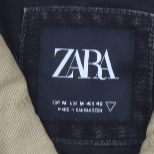 Zara Men Black Denim Jacket M Beige Collar Button Front Workwear
