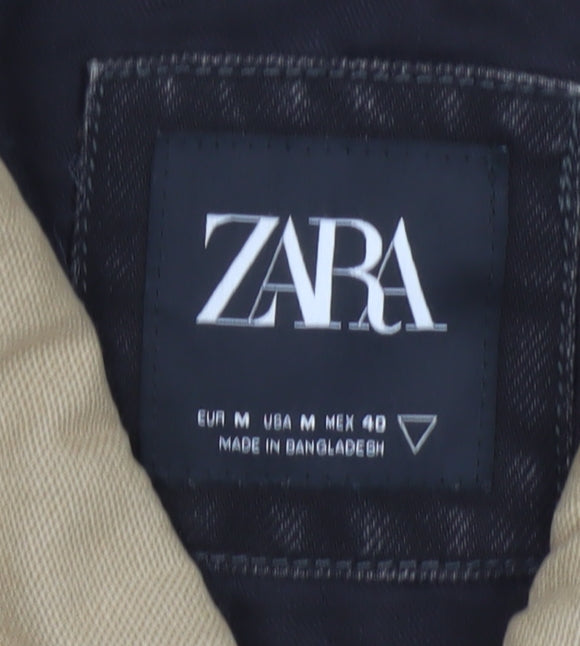 Zara Men Black Denim Jacket M Beige Collar Button Front Workwear