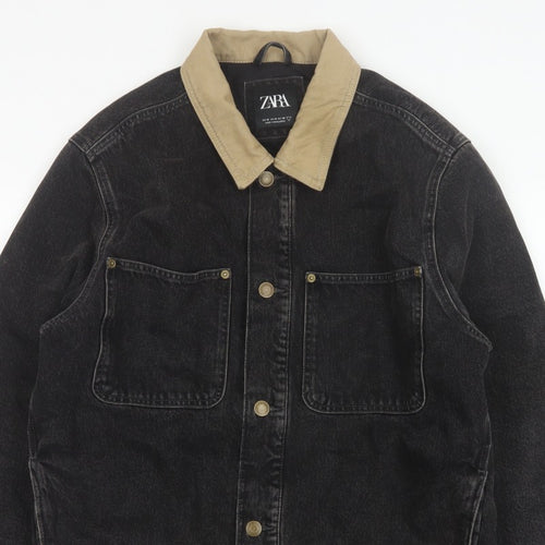 Zara Men Black Denim Jacket M Beige Collar Button Front Workwear