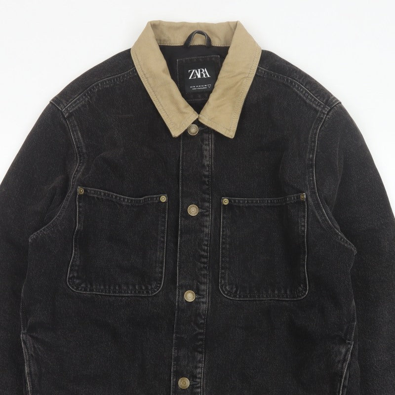 Zara Men Black Denim Jacket M Beige Collar Button Front Workwear