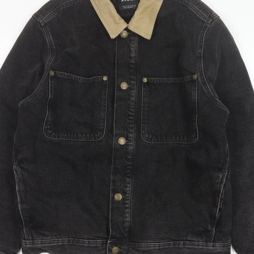 Zara Men Black Denim Jacket M Beige Collar Button Front Workwear