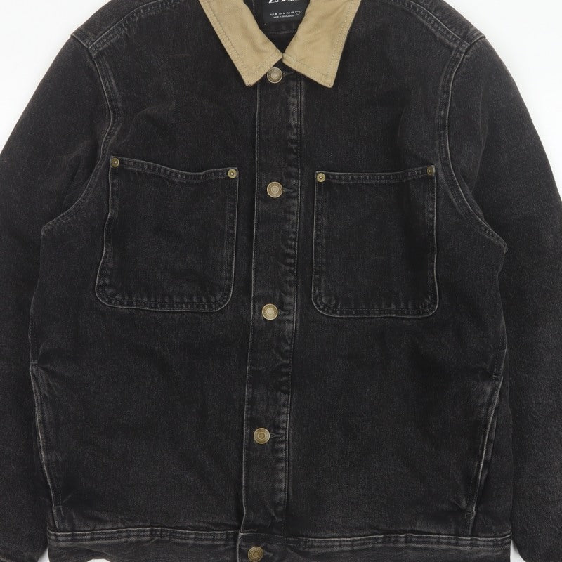 Zara Men Black Denim Jacket M Beige Collar Button Front Workwear