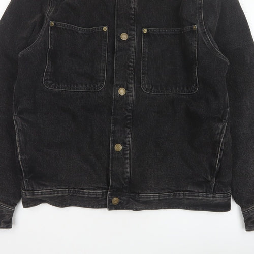 Zara Men Black Denim Jacket M Beige Collar Button Front Workwear