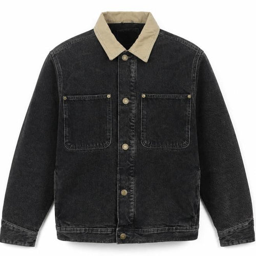 Zara Men Black Denim Jacket M Beige Collar Button Front Workwear
