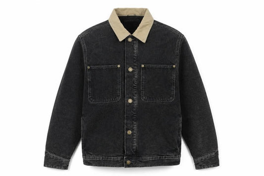 Zara Men Black Denim Jacket M Beige Collar Button Front Workwear
