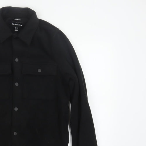 Threadbare Men Black S Regular Fit Fleece Snap Button-Up Overshirt