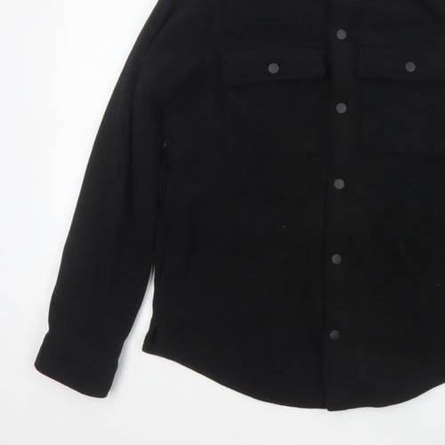 Threadbare Men Black S Regular Fit Fleece Snap Button-Up Overshirt