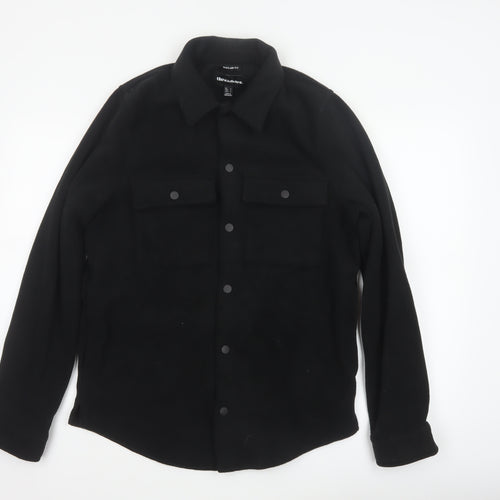 Threadbare Men Black S Regular Fit Fleece Snap Button-Up Overshirt