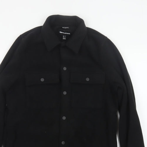Threadbare Men Black S Regular Fit Fleece Snap Button-Up Overshirt