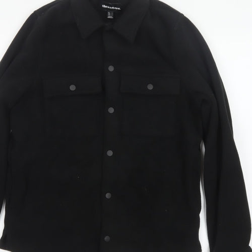 Threadbare Men Black S Regular Fit Fleece Snap Button-Up Overshirt