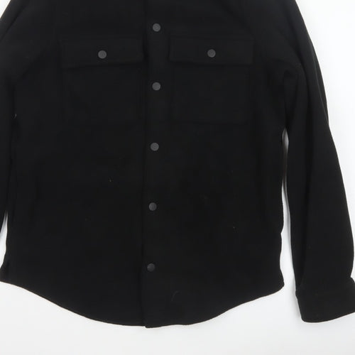 Threadbare Men Black S Regular Fit Fleece Snap Button-Up Overshirt