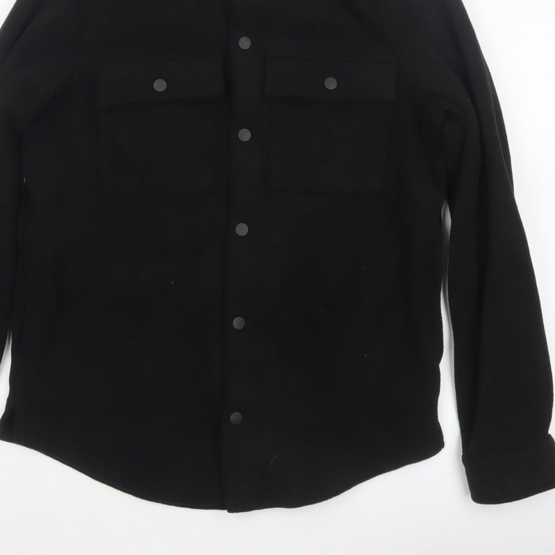 Threadbare Men Black S Regular Fit Fleece Snap Button-Up Overshirt