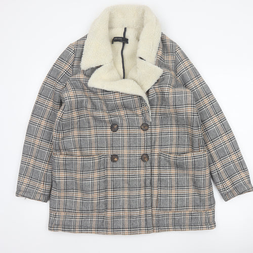 Zara Basic Women Grey Check Faux Shearling Pea Coat XL