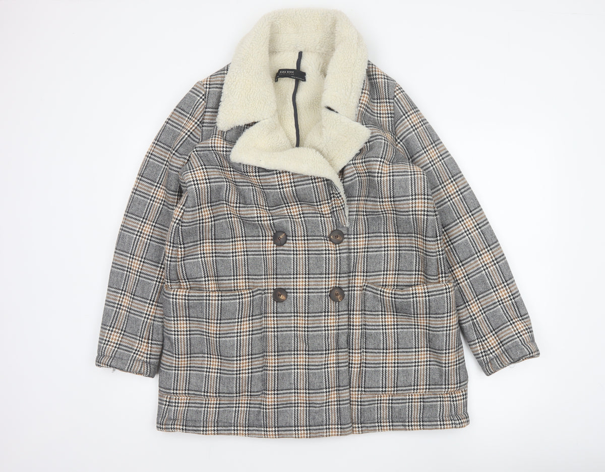Zara Basic Women Grey Check Faux Shearling Pea Coat XL