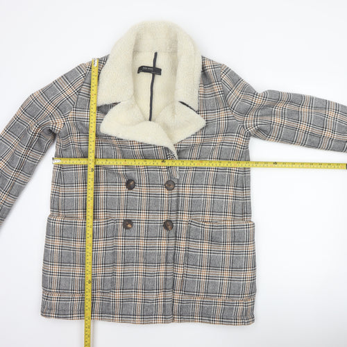 Zara Basic Women Grey Check Faux Shearling Pea Coat XL