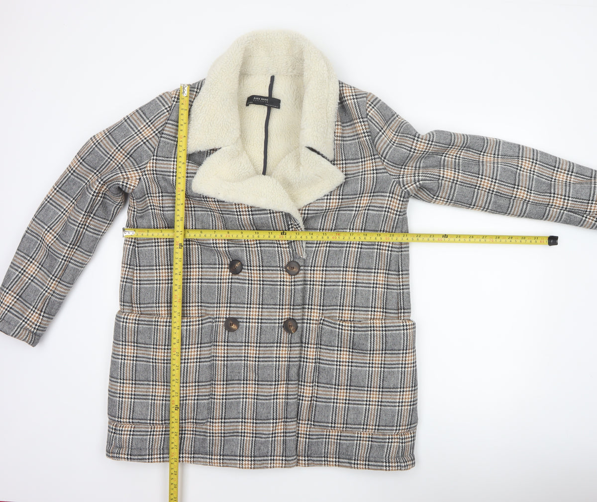 Zara Basic Women Grey Check Faux Shearling Pea Coat XL