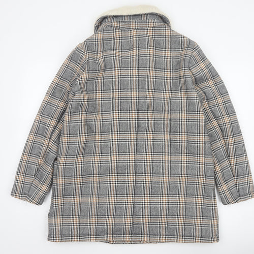 Zara Basic Women Grey Check Faux Shearling Pea Coat XL