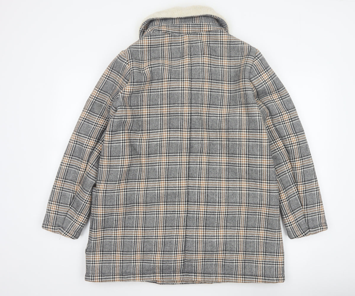 Zara Basic Women Grey Check Faux Shearling Pea Coat XL