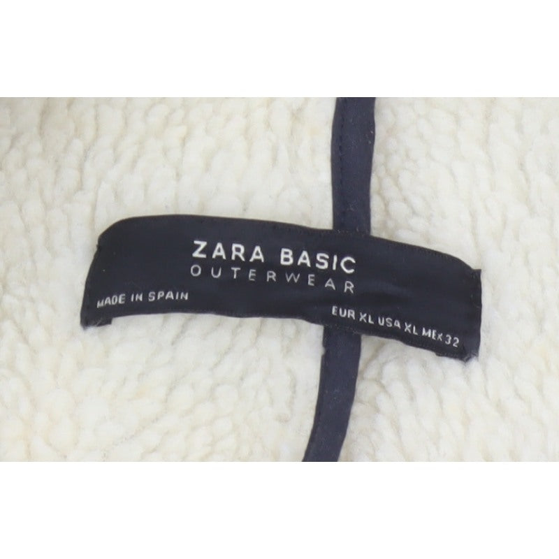Zara Basic Women Grey Check Faux Shearling Pea Coat XL