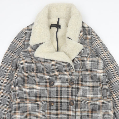 Zara Basic Women Grey Check Faux Shearling Pea Coat XL