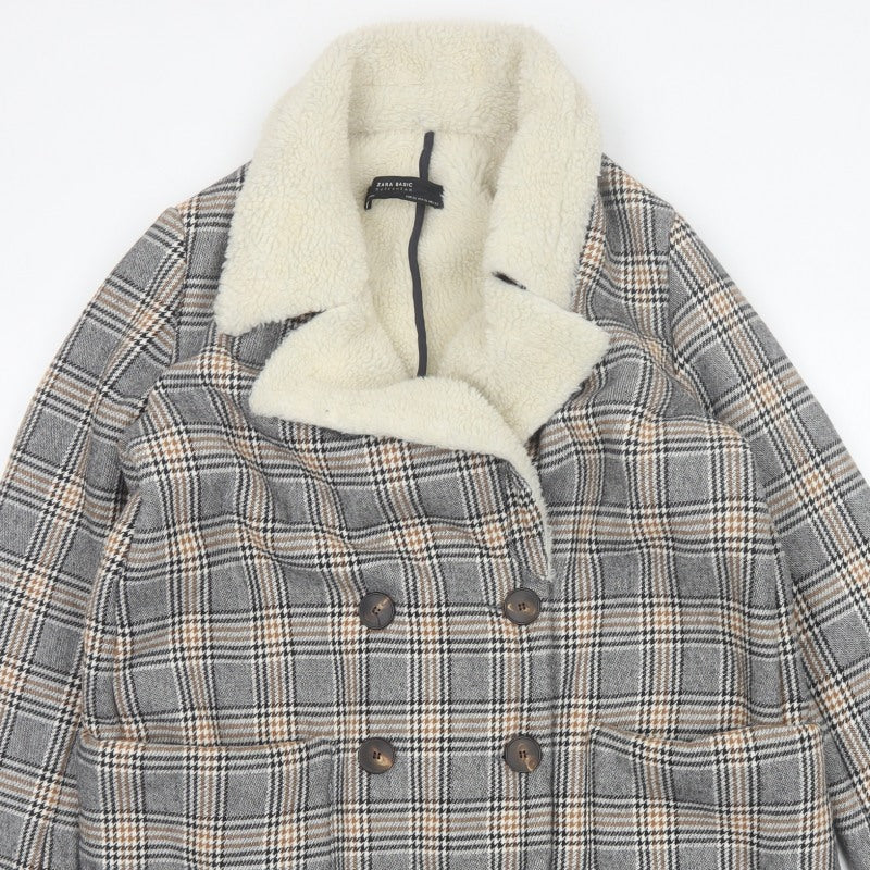 Zara Basic Women Grey Check Faux Shearling Pea Coat XL
