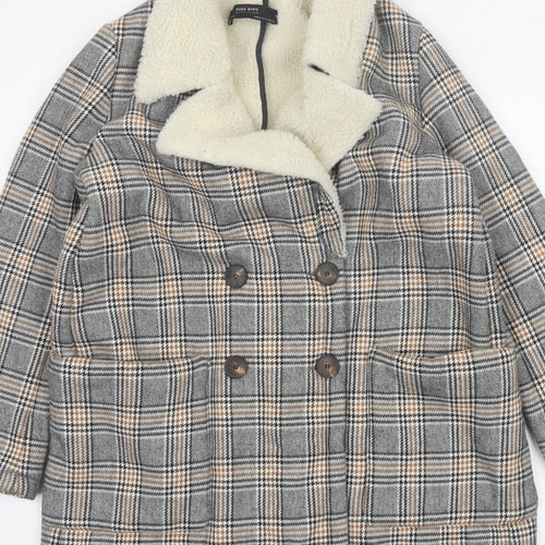 Zara Basic Women Grey Check Faux Shearling Pea Coat XL