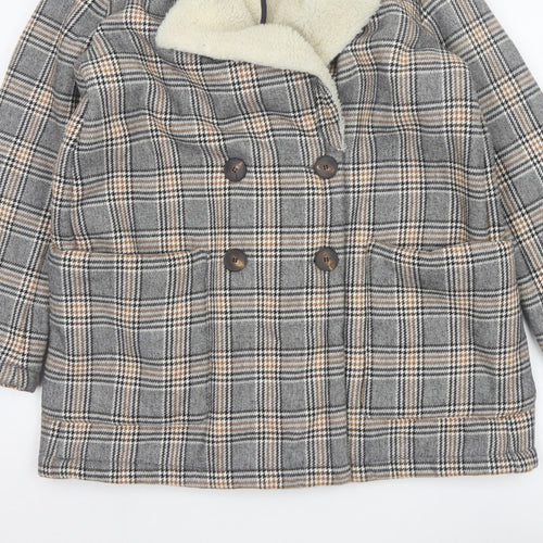 Zara Basic Women Grey Check Faux Shearling Pea Coat XL