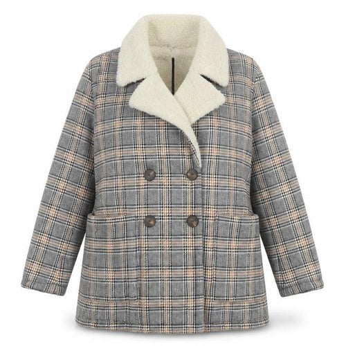 Zara Basic Women Grey Check Faux Shearling Pea Coat XL