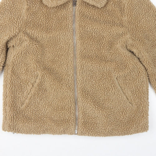 H&M Women’s Beige Teddy Fleece Zip Jacket Size S Collared