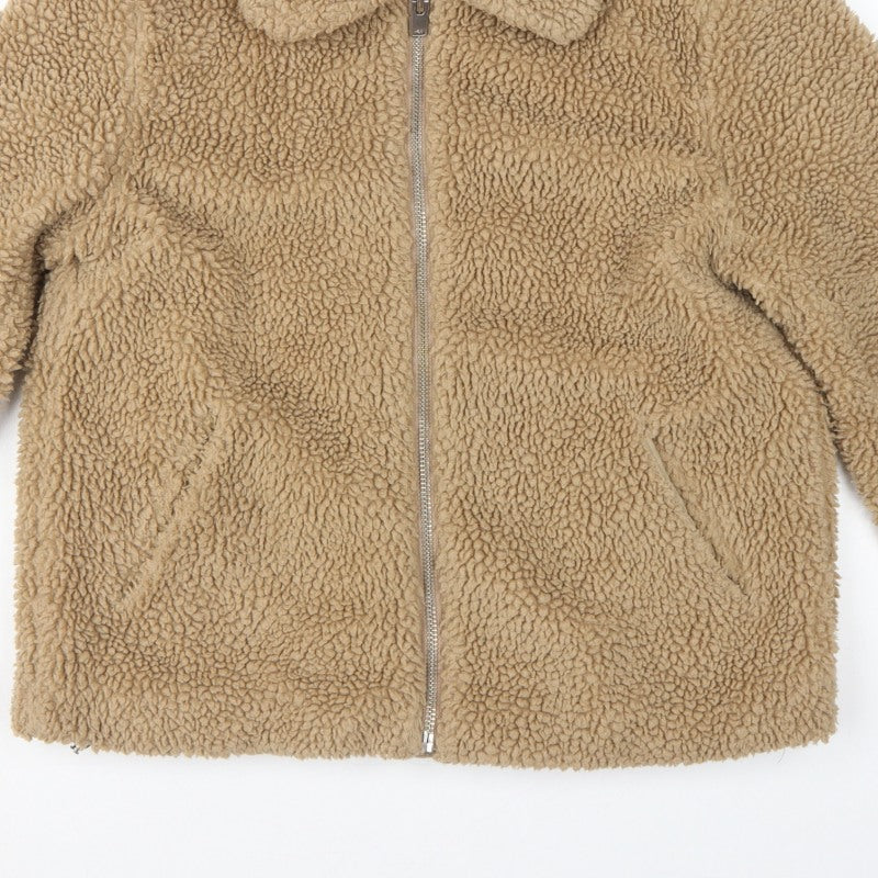 H&M Women’s Beige Teddy Fleece Zip Jacket Size S Collared