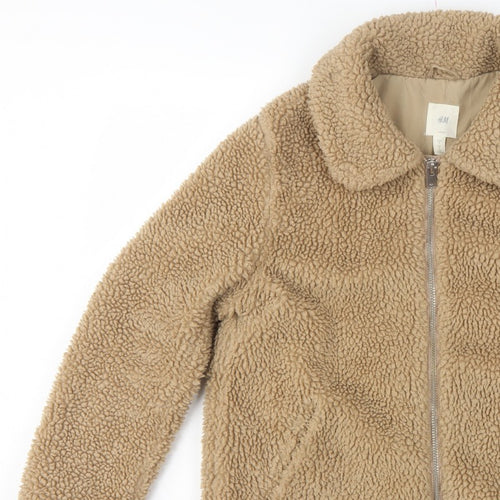 H&M Women’s Beige Teddy Fleece Zip Jacket Size S Collared