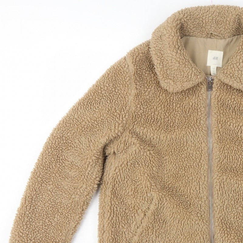 H&M Women’s Beige Teddy Fleece Zip Jacket Size S Collared