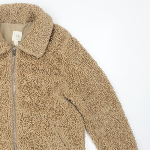 H&M Women’s Beige Teddy Fleece Zip Jacket Size S Collared