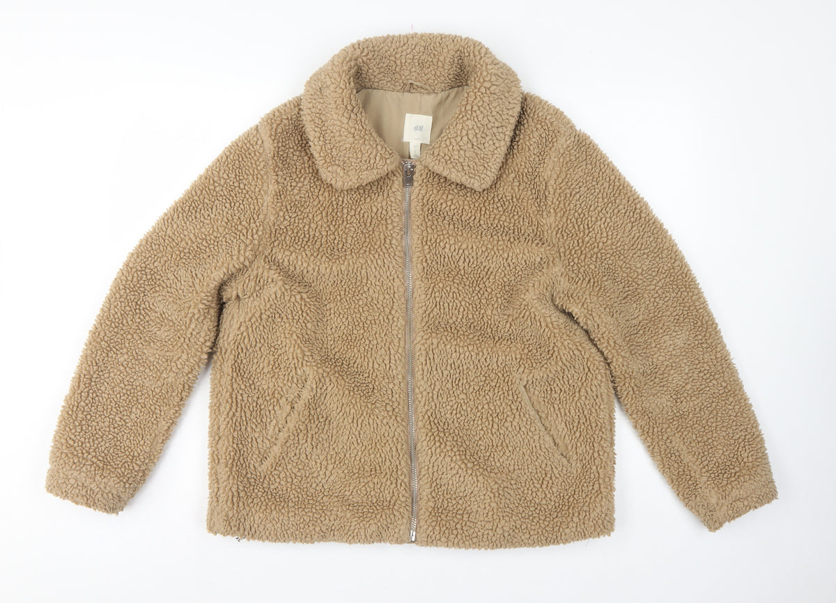 H&M Women’s Beige Teddy Fleece Zip Jacket Size S Collared