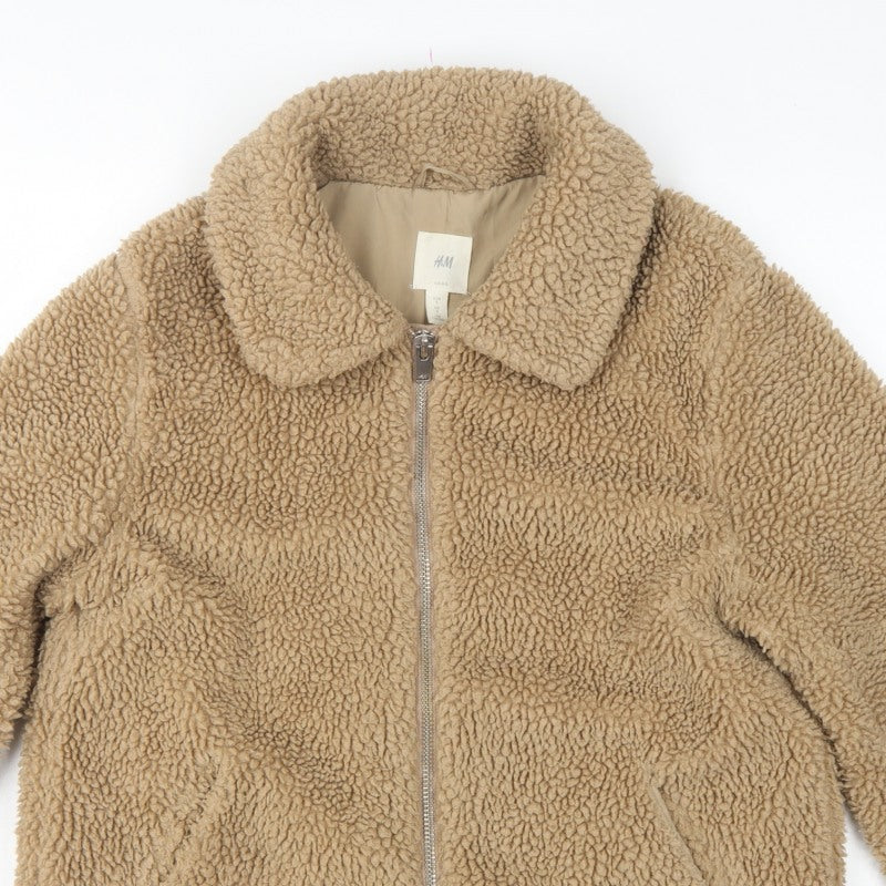 H&M Women’s Beige Teddy Fleece Zip Jacket Size S Collared