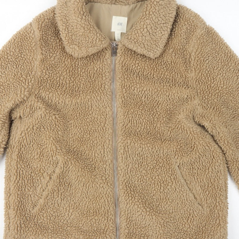 H&M Women’s Beige Teddy Fleece Zip Jacket Size S Collared