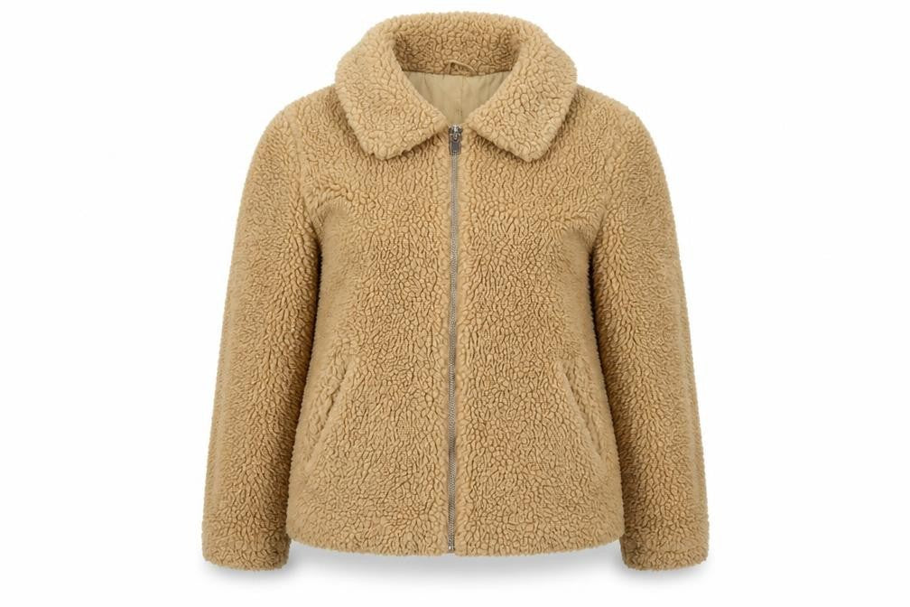 H&M Women’s Beige Teddy Fleece Zip Jacket Size S Collared