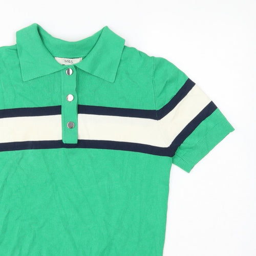 Marks & Spencer Women Green M Striped Knit Short Sleeve Polo Top